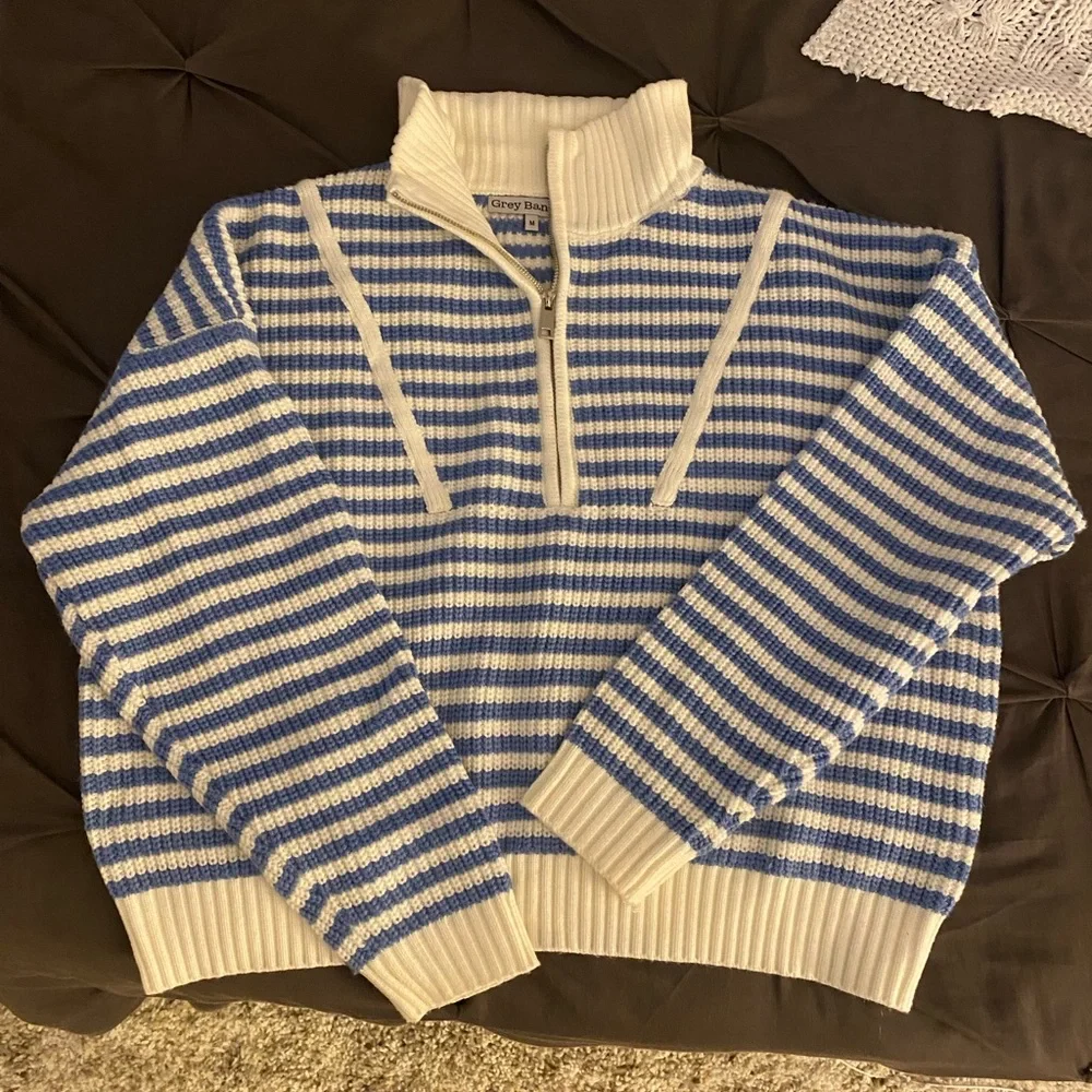 Grey Bandit Blue & White Striped Half-Zip Sweater - Picture 4 of 6